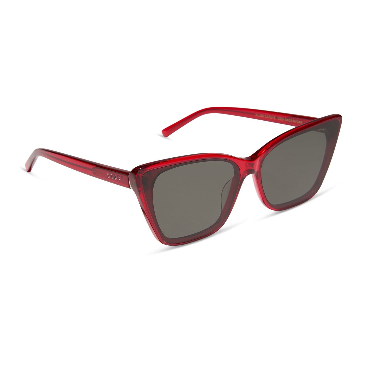 diff eyewear featuring the alina cat eye sunglasses with a red hot summer frame and grey lenses angled view