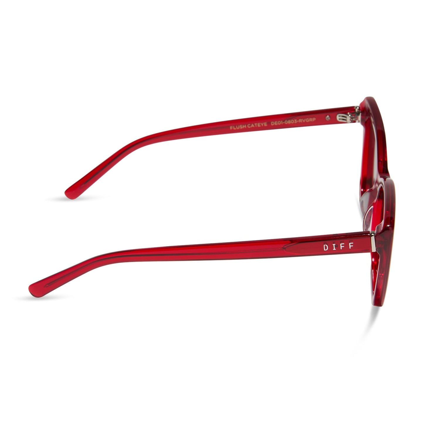 diff eyewear featuring the alina cat eye sunglasses with a red hot summer frame and grey lenses side view