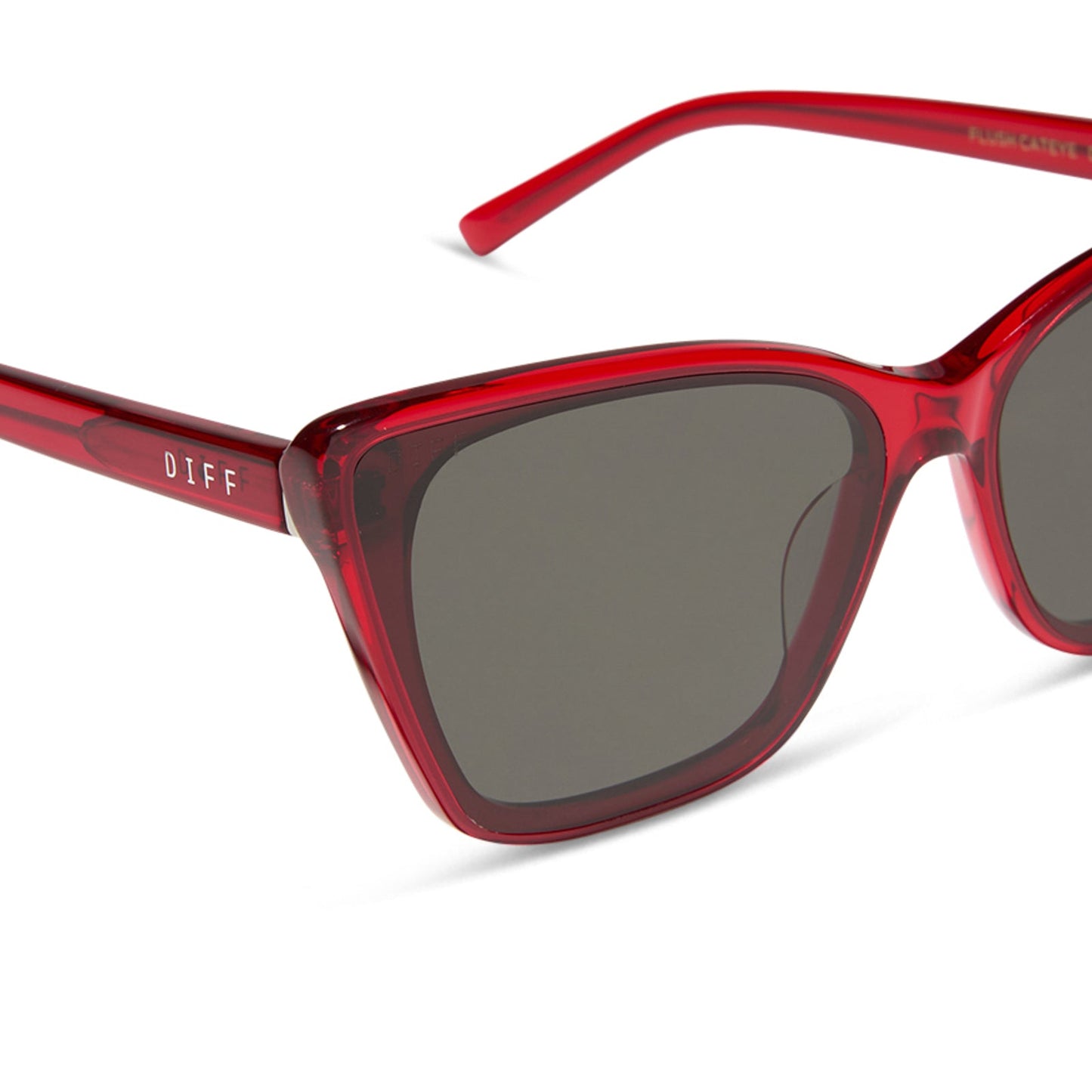 diff eyewear featuring the alina cat eye sunglasses with a red hot summer frame and grey lenses detailed view