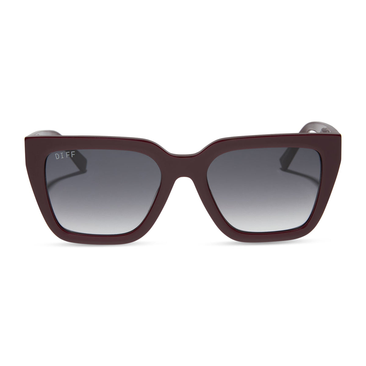 diff eyewear featuring the amara square sunglasses with a dark cherry lacquer frame and grey gradient lenses front view