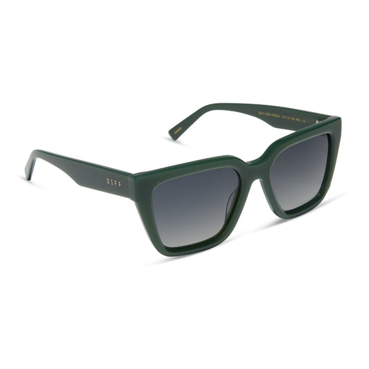 diff eyewear featuring the amara square sunglasses with a fairway green acetate frame and grey gradient polarized lenses angled view