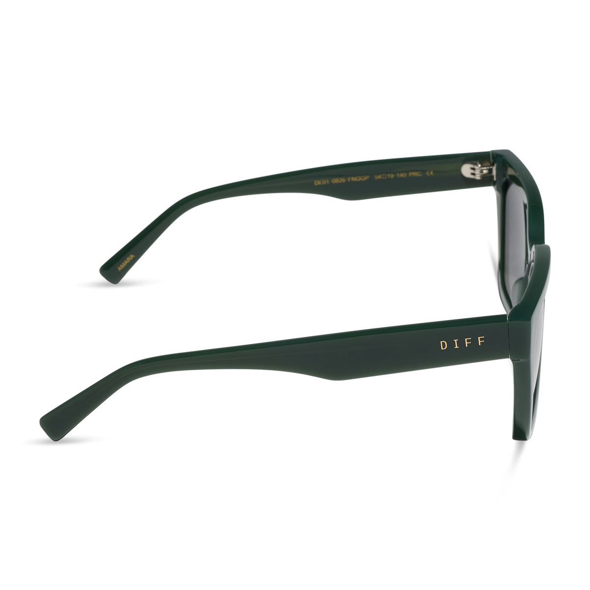 diff eyewear featuring the amara square sunglasses with a fairway green acetate frame and grey gradient polarized lenses side view