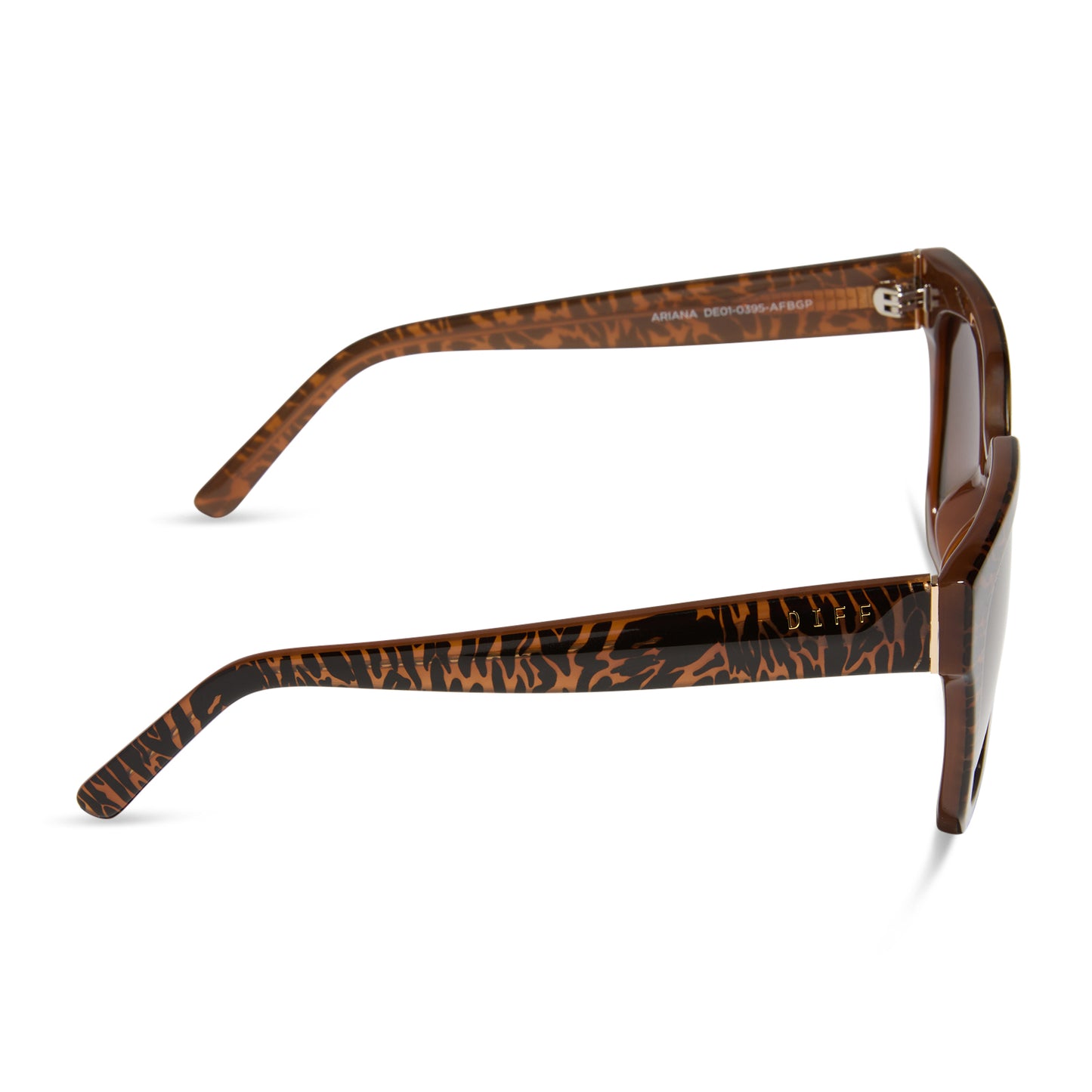 diff eyewear ariana square sunglasses with a animal print frame and brown gradient lenses side view