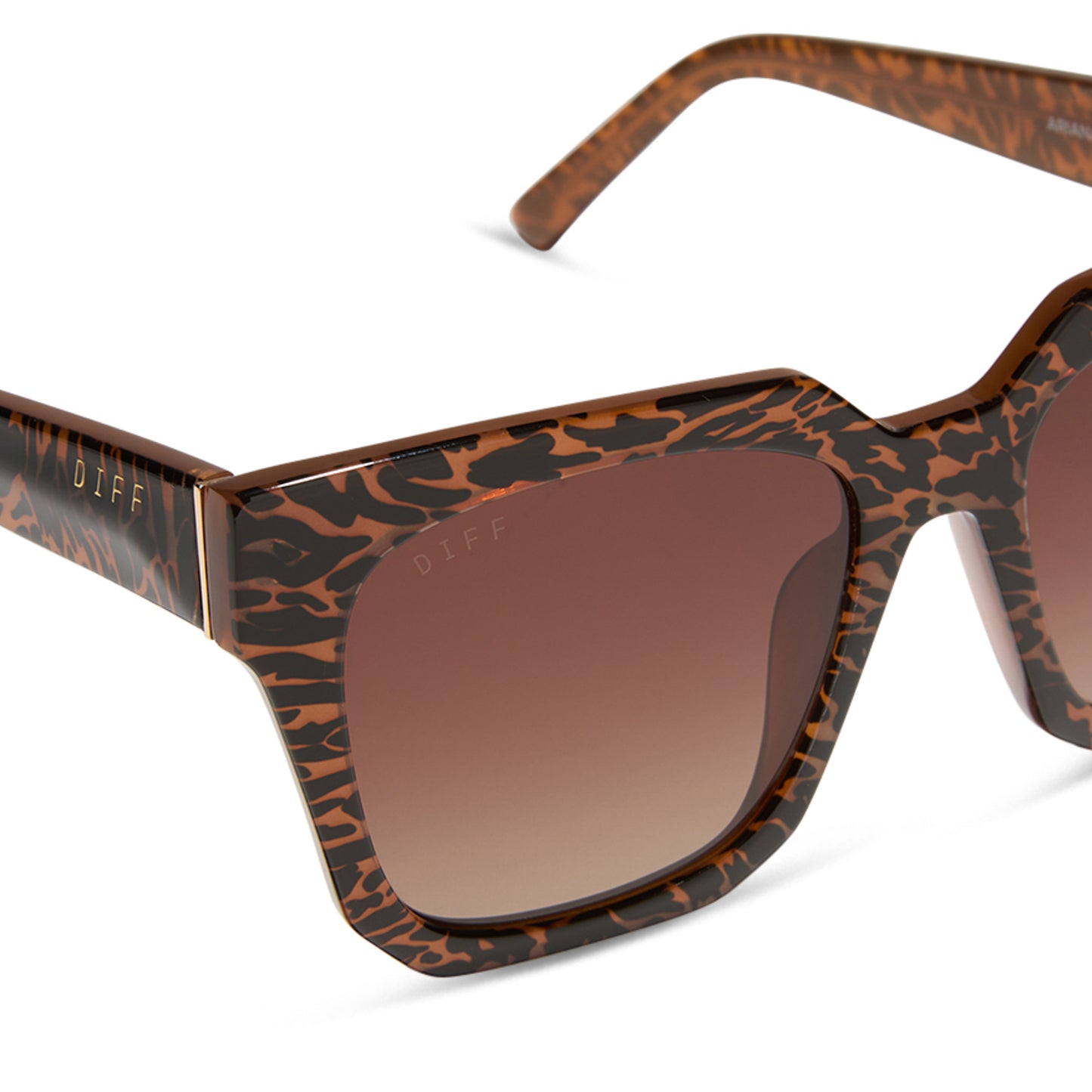 diff eyewear ariana square sunglasses with a animal print frame and brown gradient lenses detailed view