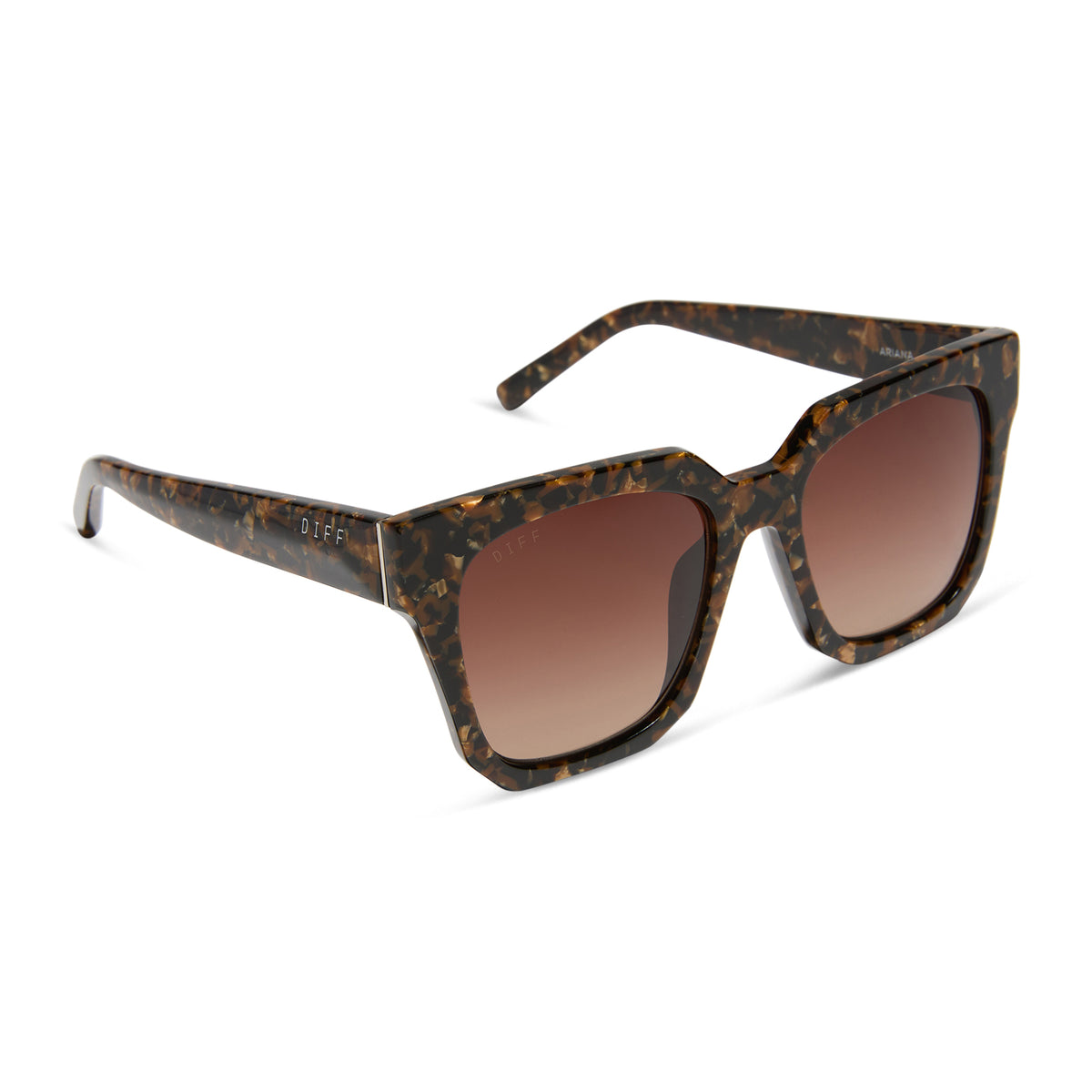 diff eyewear ariana square sunglasses with a glitter tortoise frame and brown gradient polarized lenses angled view