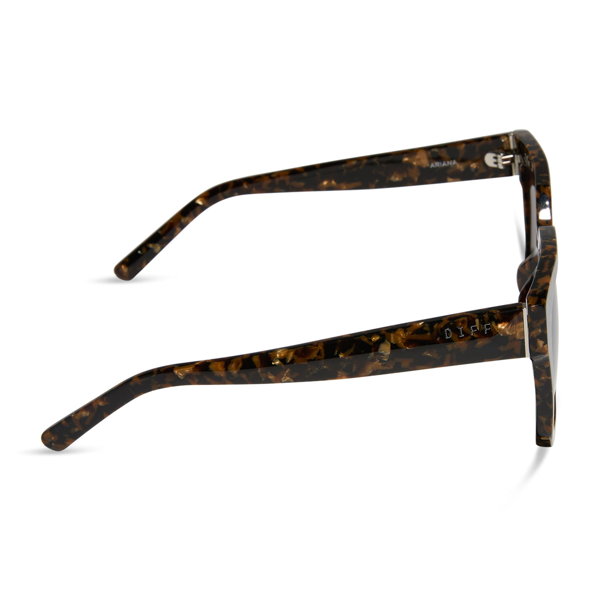 diff eyewear ariana square sunglasses with a glitter tortoise frame and brown gradient polarized lenses side view