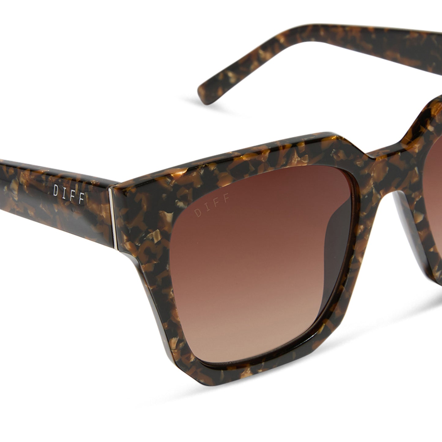 diff eyewear ariana square sunglasses with a glitter tortoise frame and brown gradient polarized lenses detailed view