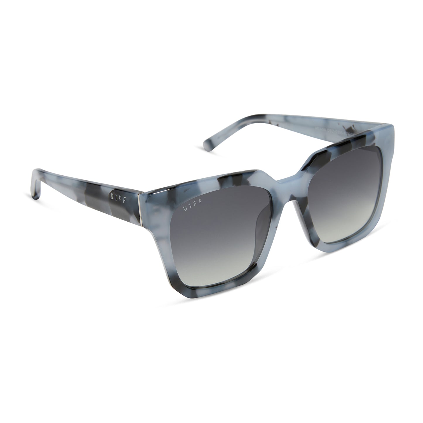 diff eyewear featuring the ariana square sunglasses with a retro blue tortoise frame and grey gradient lenses angled view