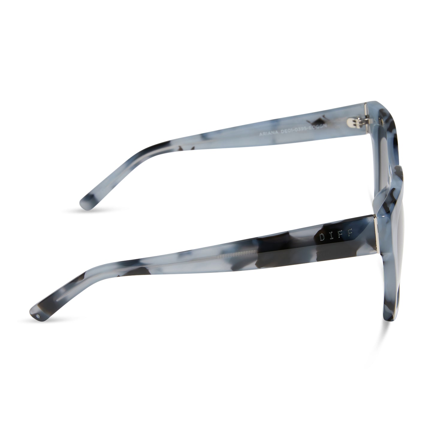 diff eyewear featuring the ariana square sunglasses with a retro blue tortoise frame and grey gradient lenses side view