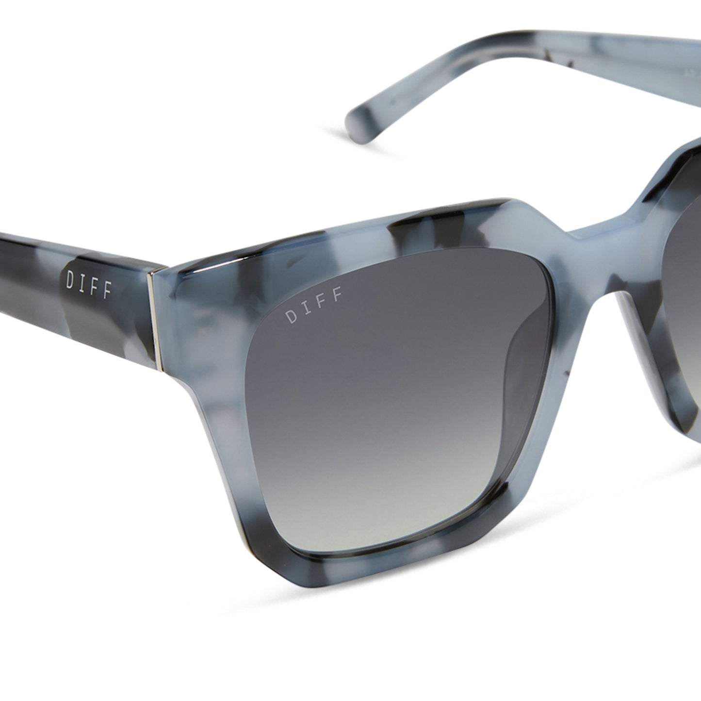 diff eyewear featuring the ariana square sunglasses with a retro blue tortoise frame and grey gradient lenses detailed view