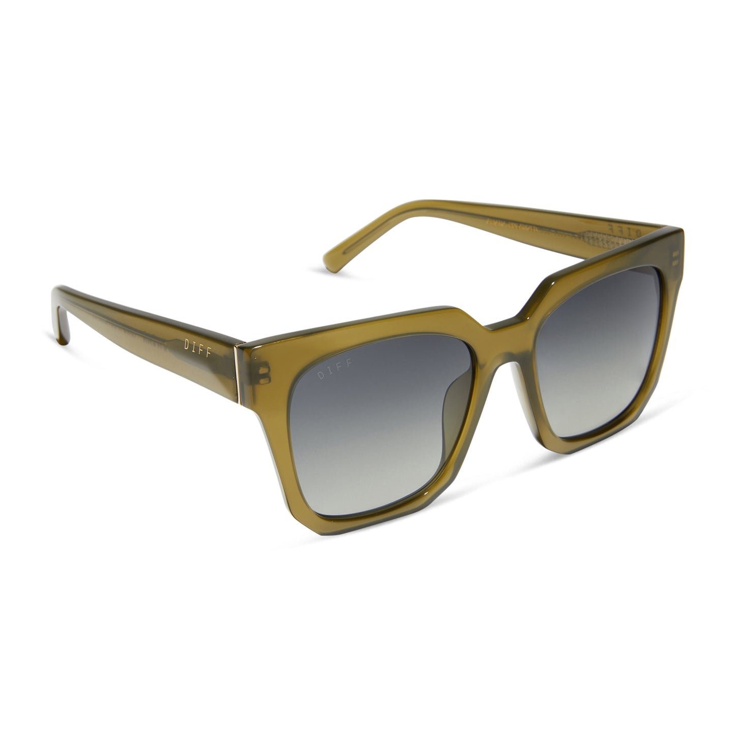 diff eyewear ariana square sunglasses with a rich olive frame and grey gradient lenses angled view