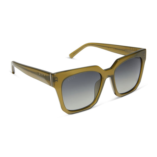 diff eyewear ariana square sunglasses with a rich olive frame and grey gradient lenses angled view
