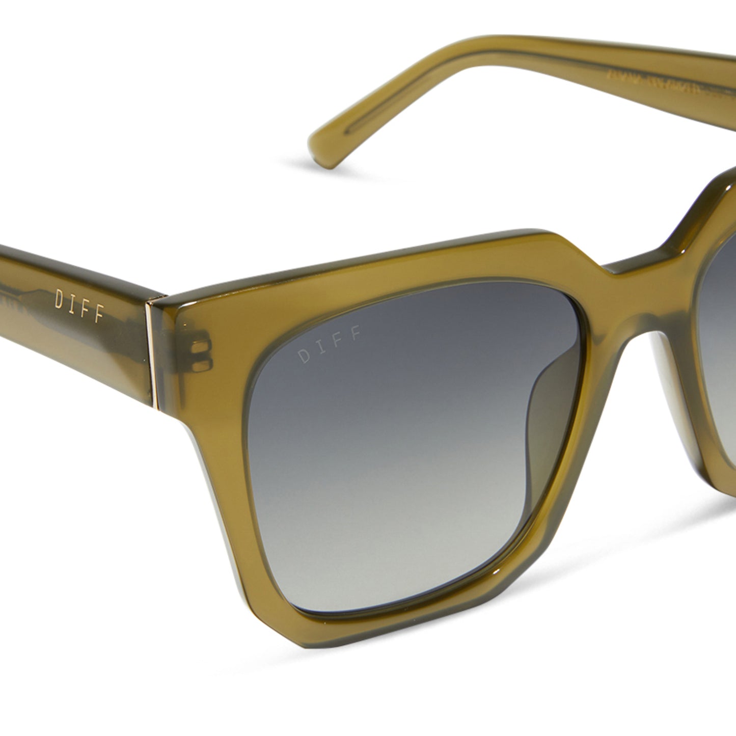 diff eyewear ariana square sunglasses with a rich olive frame and grey gradient lenses detailed view