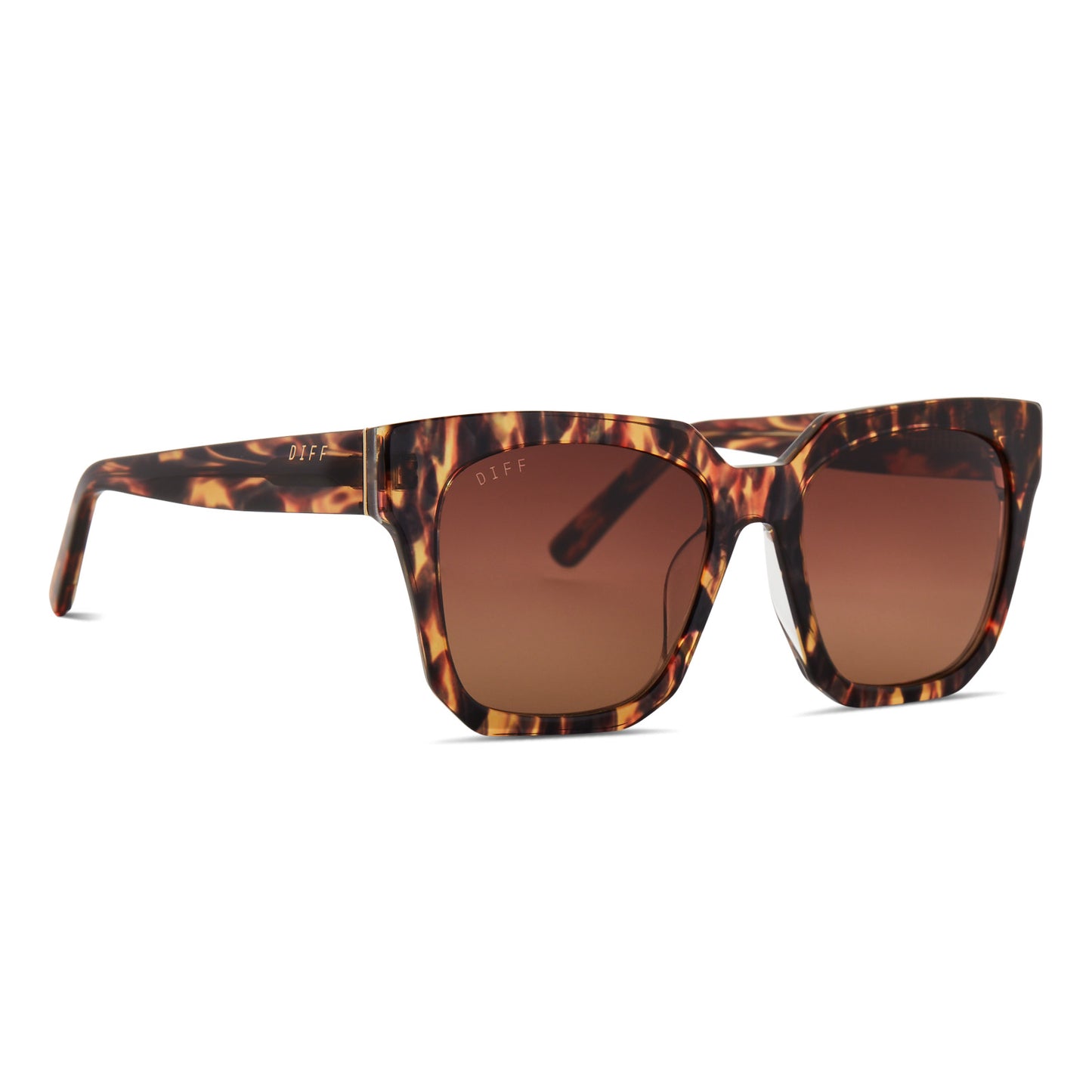 diff eyewear ariana square sunglasses with a wild tortoise frame and brown gradient lenses angled view