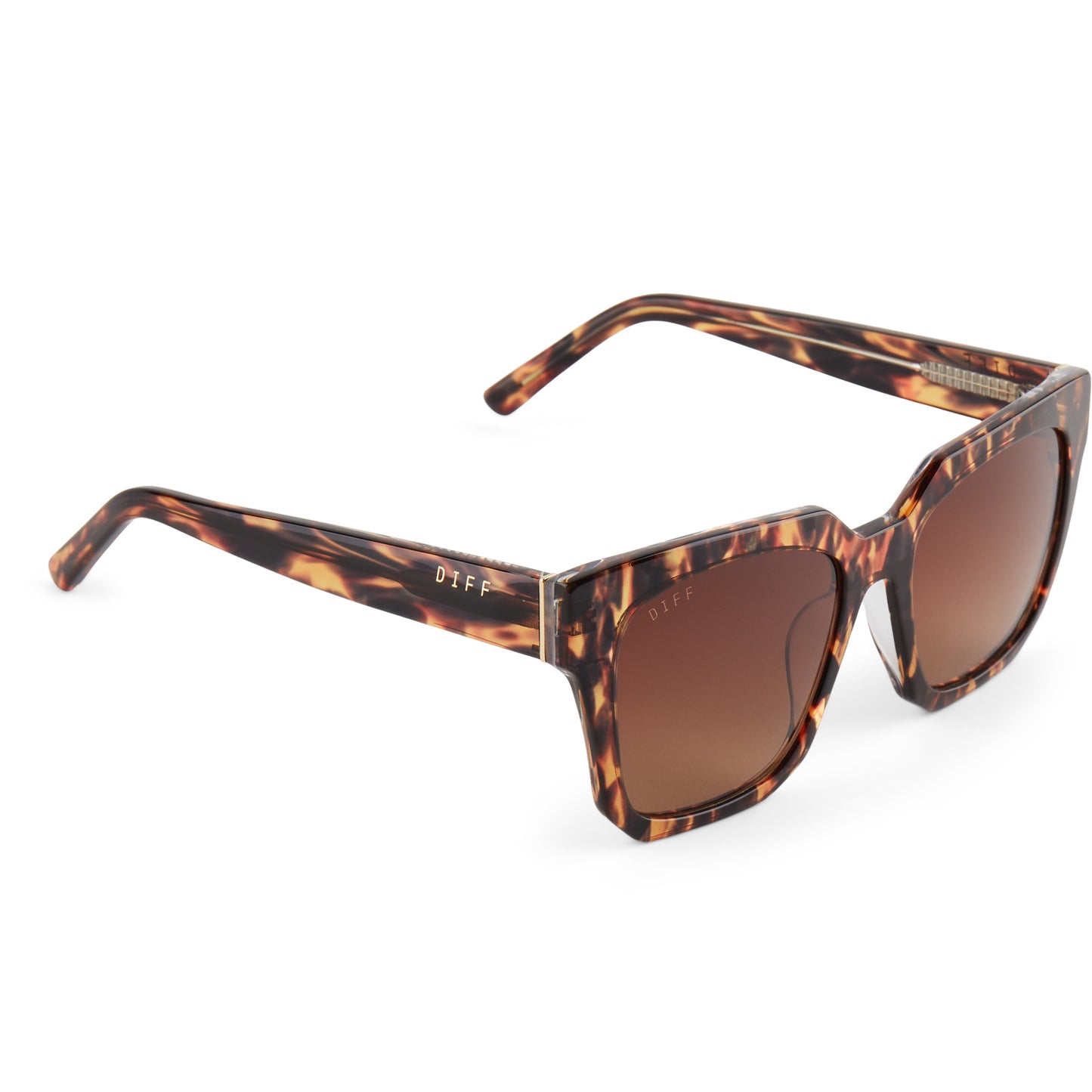 diff eyewear ariana square sunglasses with a wild tortoise frame and brown gradient lenses detailed view