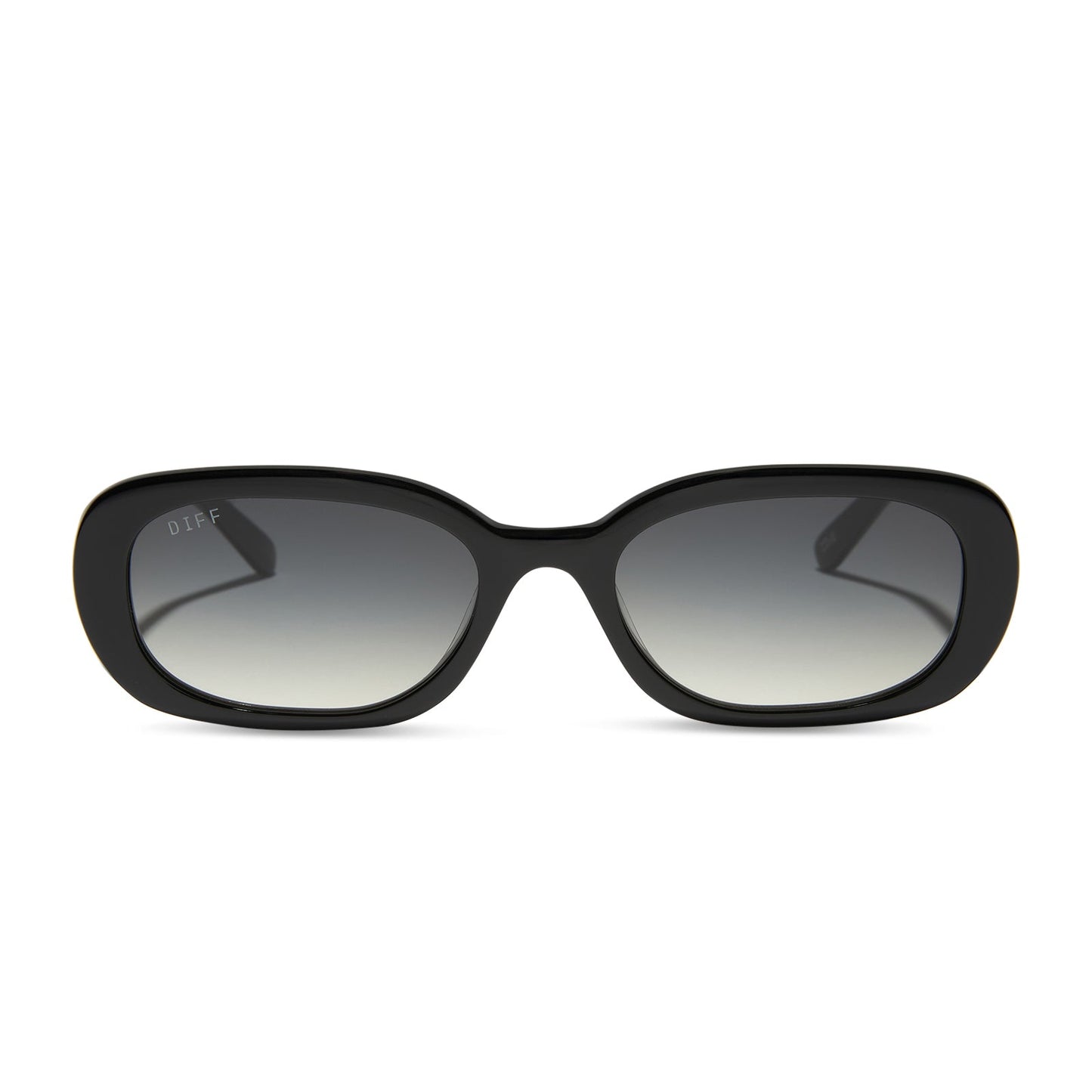 aspyn ovard x diff eyewear featuring the cove oval sunglasses with a black frame and grey gradient lenses front view