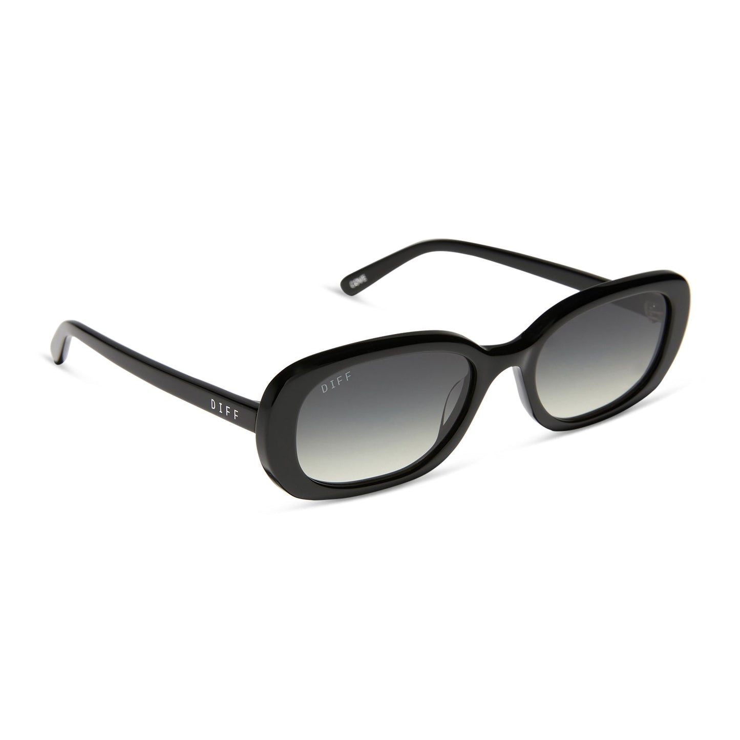 aspyn ovard x diff eyewear featuring the cove oval sunglasses with a black frame and grey gradient lenses angled view