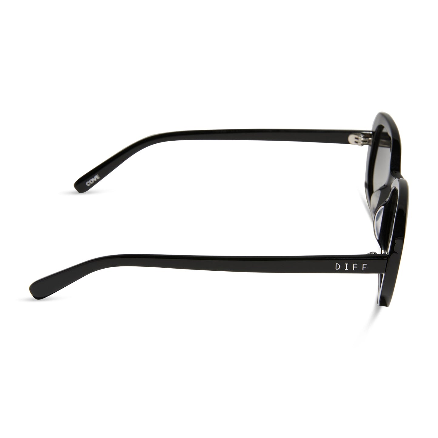 aspyn ovard x diff eyewear featuring the cove oval sunglasses with a black frame and grey gradient lenses side view