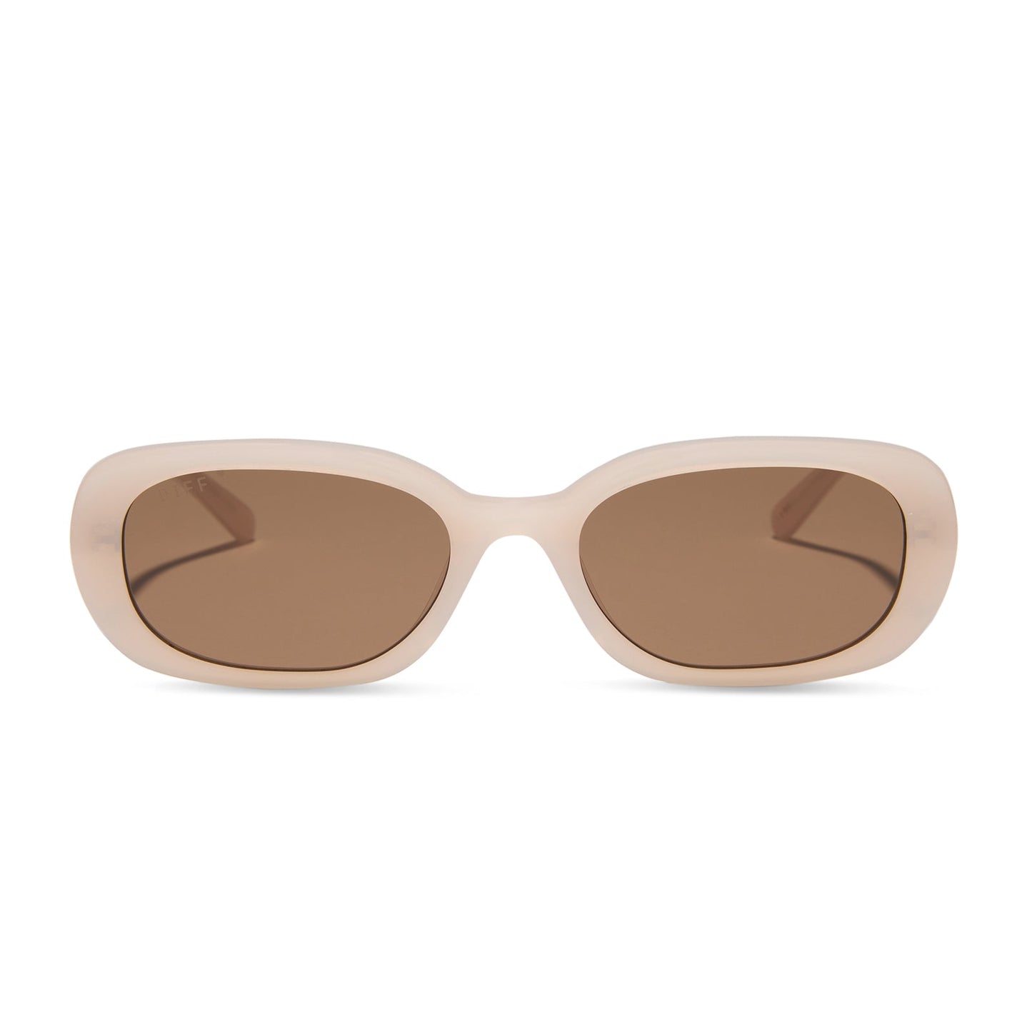 aspyn ovard x diff eyewear featuring the cove oval sunglasses with a milky blush frame and brown lenses front view