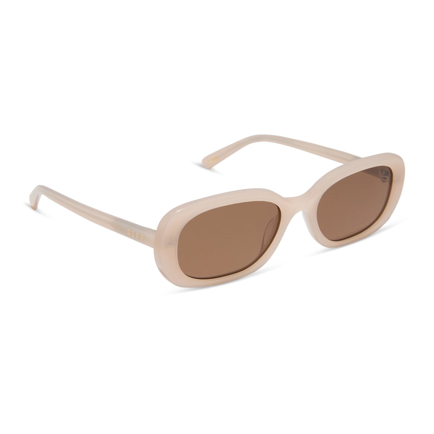 aspyn ovard x diff eyewear featuring the cove oval sunglasses with a milky blush frame and brown lenses angled view