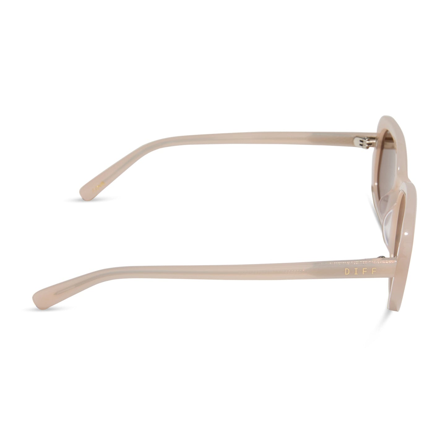 aspyn ovard x diff eyewear featuring the cove oval sunglasses with a milky blush frame and brown lenses side view