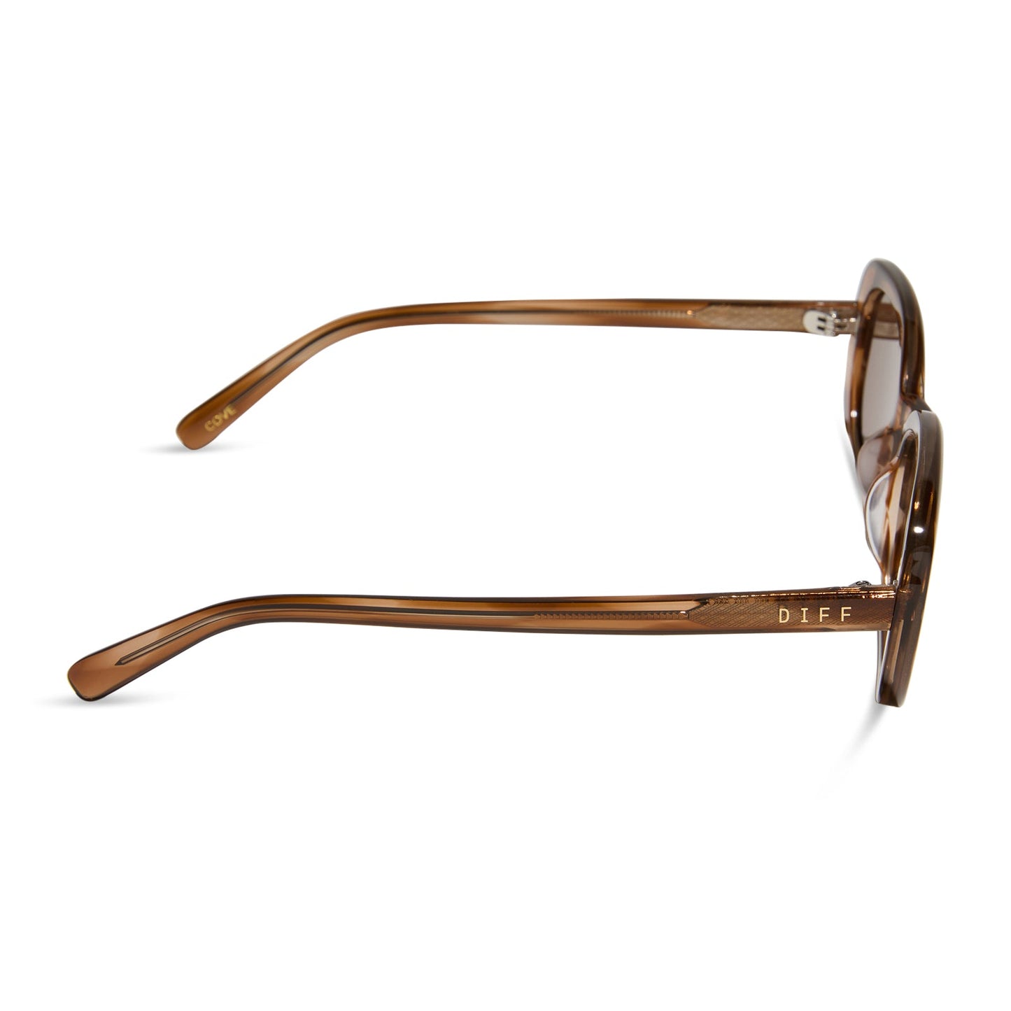 aspyn ovard x diff eyewear featuring the cove oval sunglasses with a tortoise frame and brown lenses side view