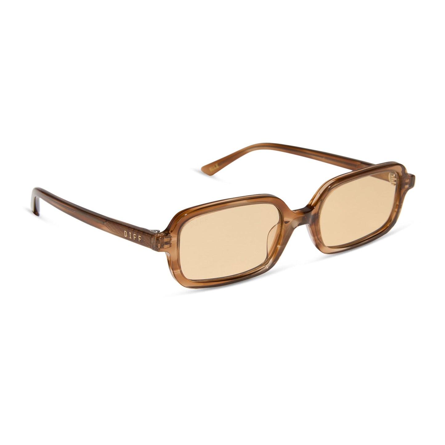 aspyn ovard x diff eyewear featuring the elle rectangle sunglasses with a tortoise frame and brown tint lenses angled view