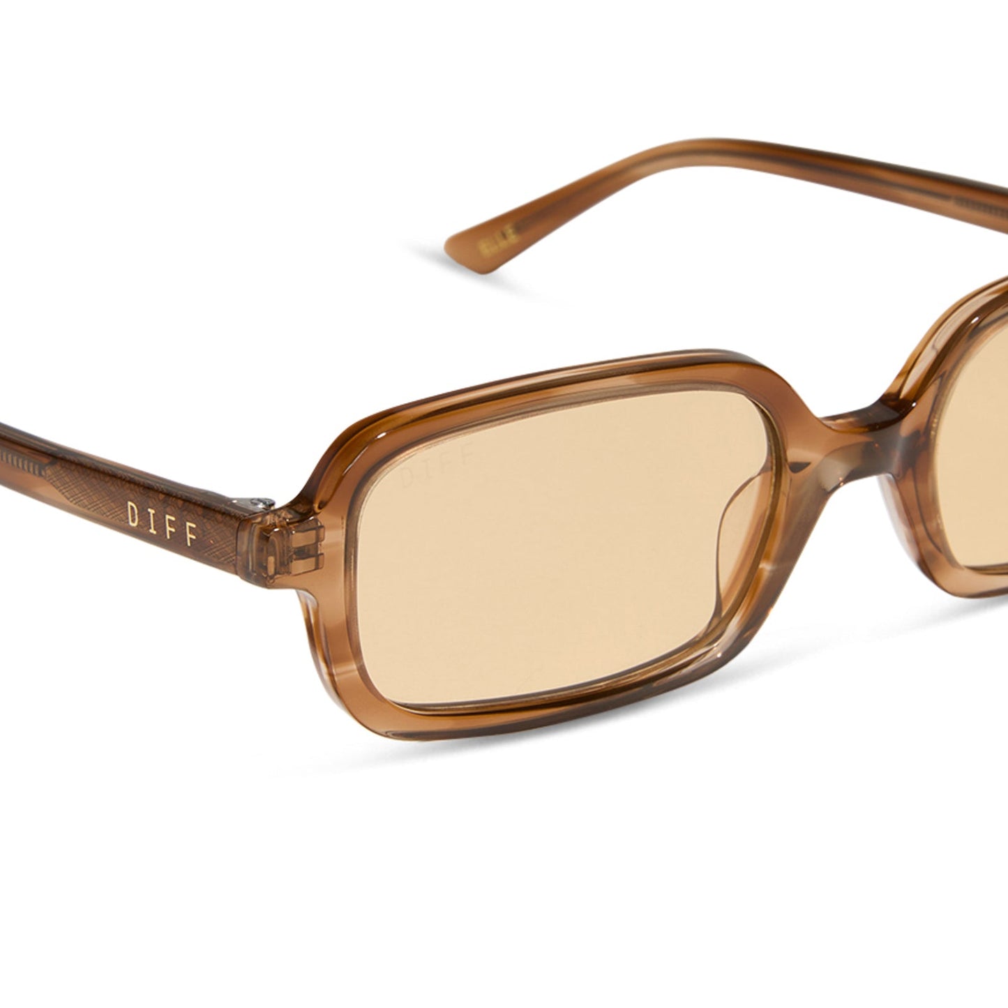 aspyn ovard x diff eyewear featuring the elle rectangle sunglasses with a tortoise frame and brown tint lenses detailed view