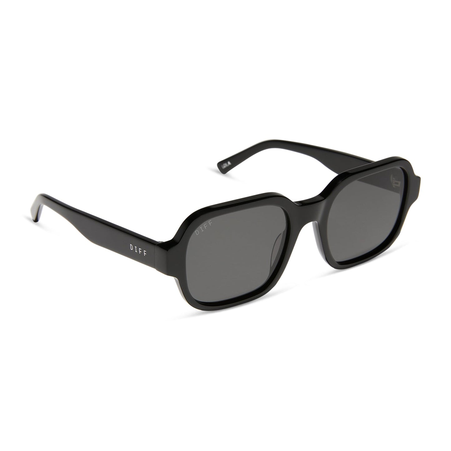 aspyn ovard x diff eyewear featuring the lola square sunglasses with a black frame and grey lenses angled view