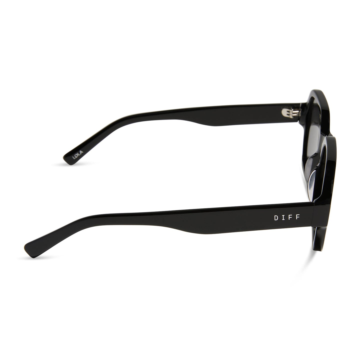 aspyn ovard x diff eyewear featuring the lola square sunglasses with a black frame and grey lenses side view