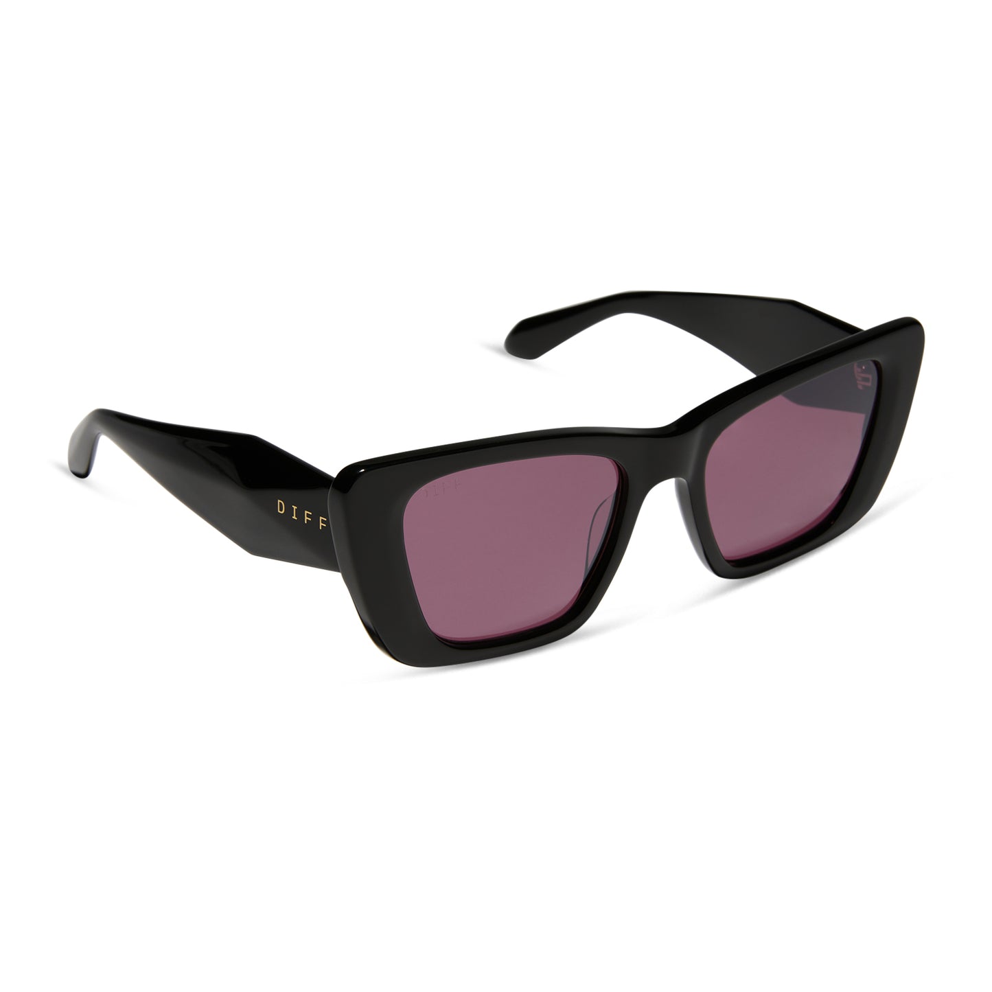 diff eyewear featuring the aura square sunglasses with a black frame and aubergine with silver flash polarized lenses angled view