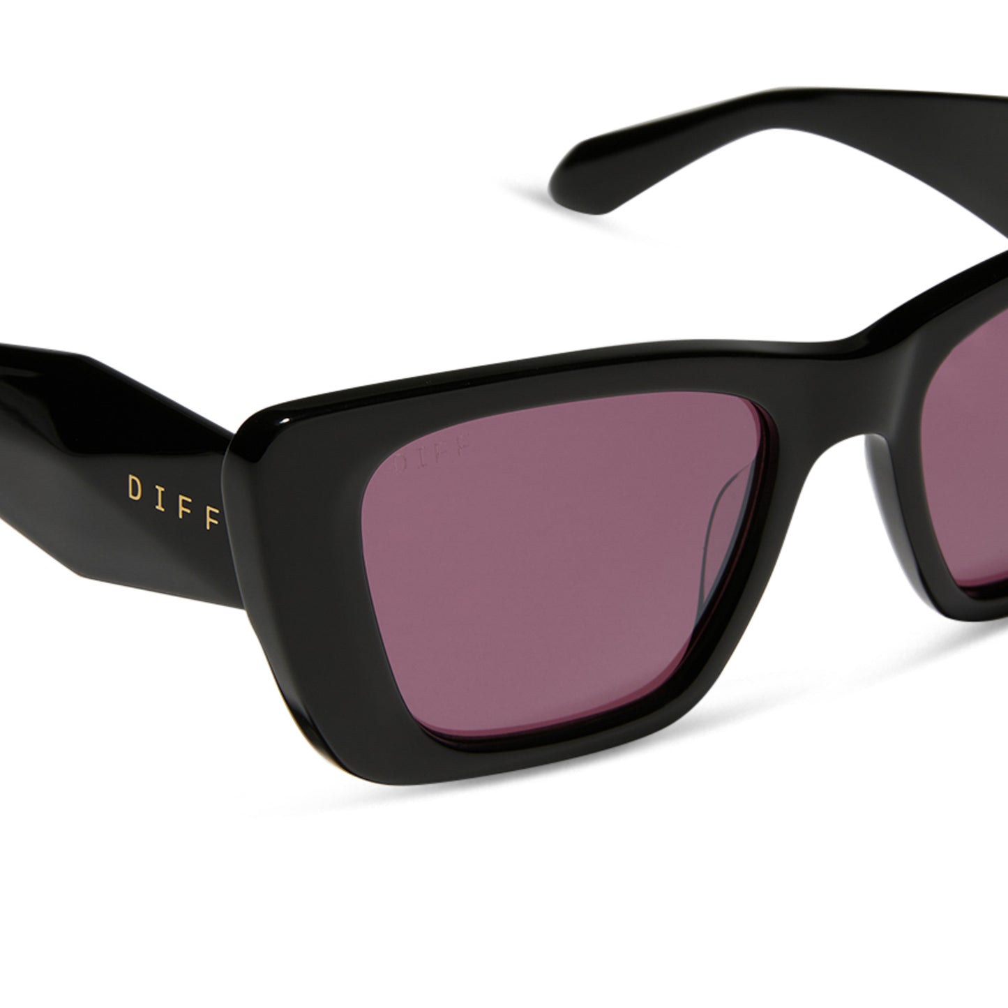 diff eyewear featuring the aura square sunglasses with a black frame and aubergine with silver flash polarized lenses detailed view