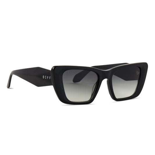 diff eyewear aura square sunglasses with a black frame and grey gradient lenses angled view