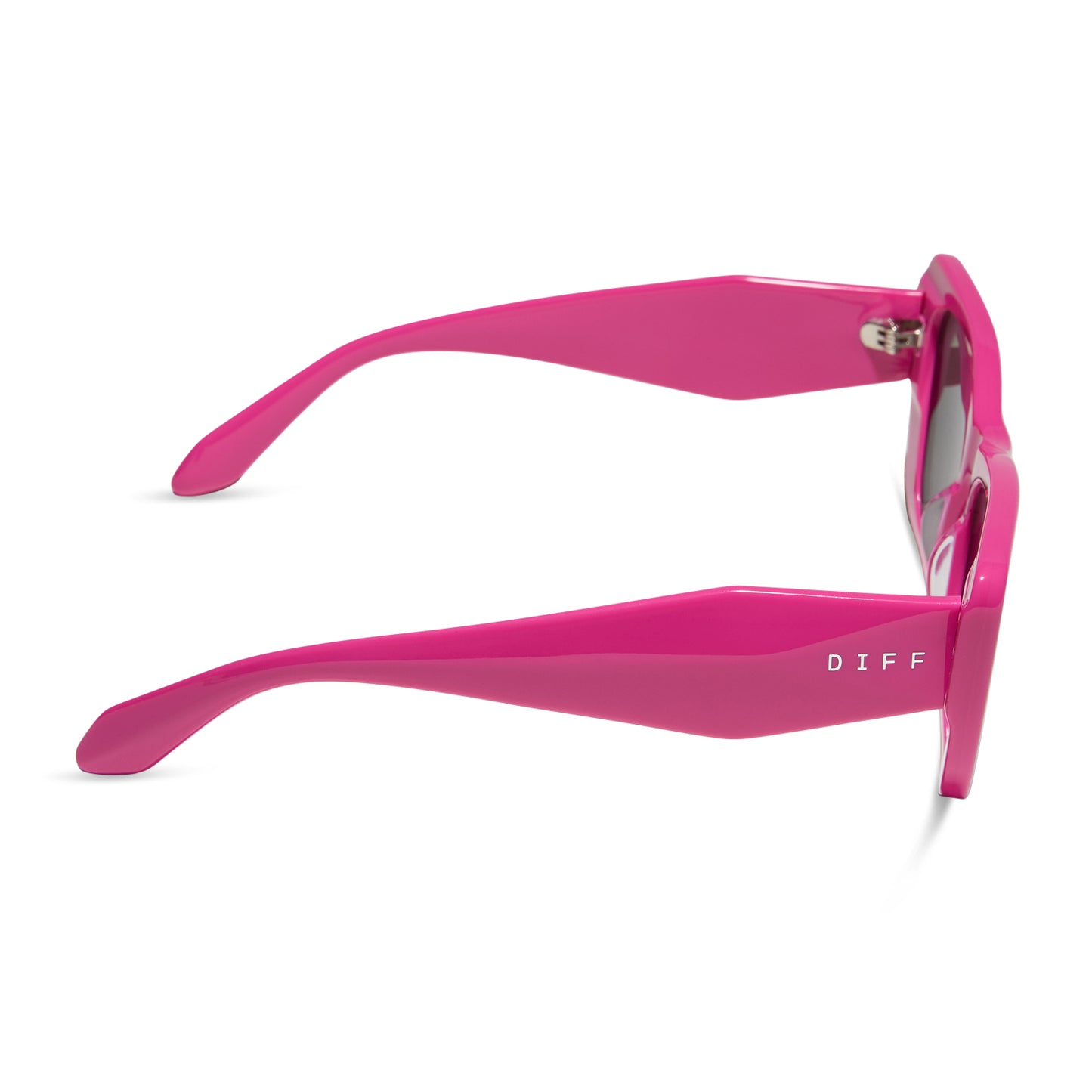 diff eyewear featuring the aura square sunglasses with a bright pink frame and grey lenses side view