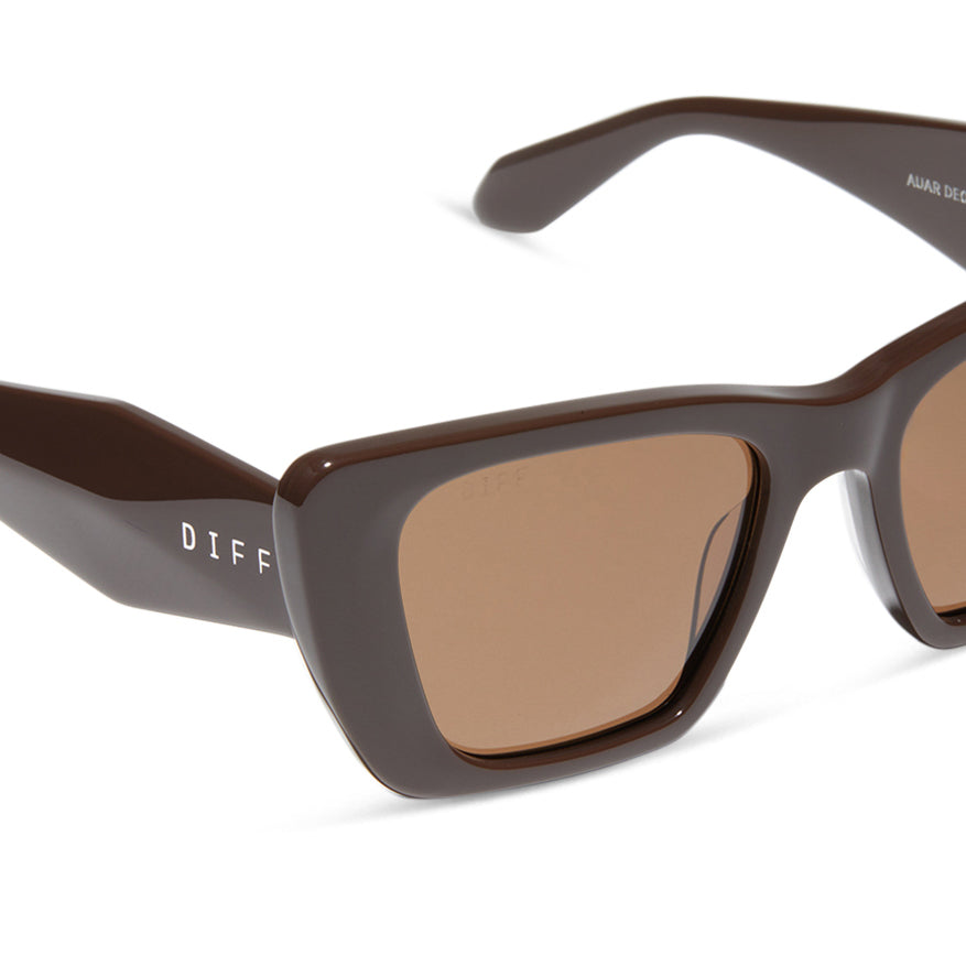 diff eyewear featuring the aura square sunglasses with a truffle frame and brown lenses detailed view
