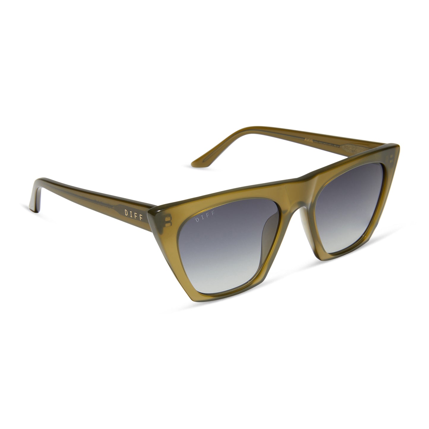 diff eyewear featuring the avril square sunglasses with a rich olive frame and grey gradient lenses angled view