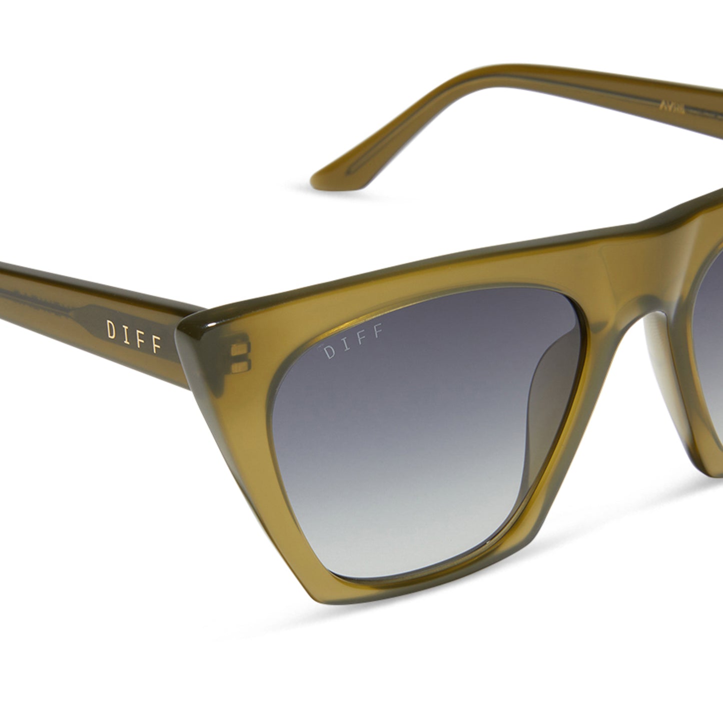 diff eyewear featuring the avril square sunglasses with a rich olive frame and grey gradient lenses detailed view