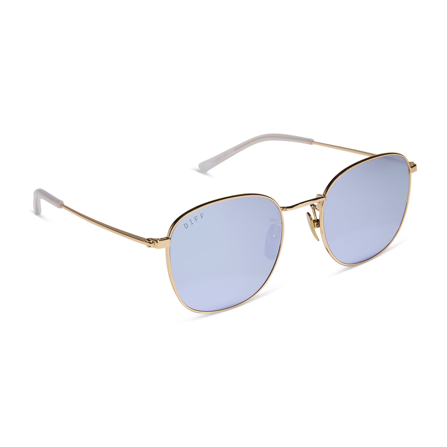 diff eyewear wholesale axel round sunglasses with a gold frame and lavender mirror lenses angled view