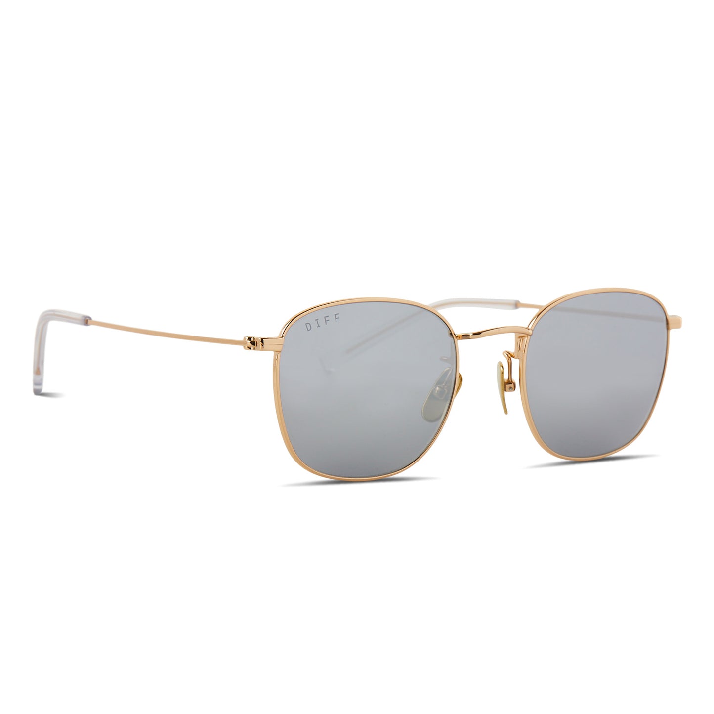 diff eyewear featuring the axel round sunglasses with a gold frame and silver mirror lenses angled view