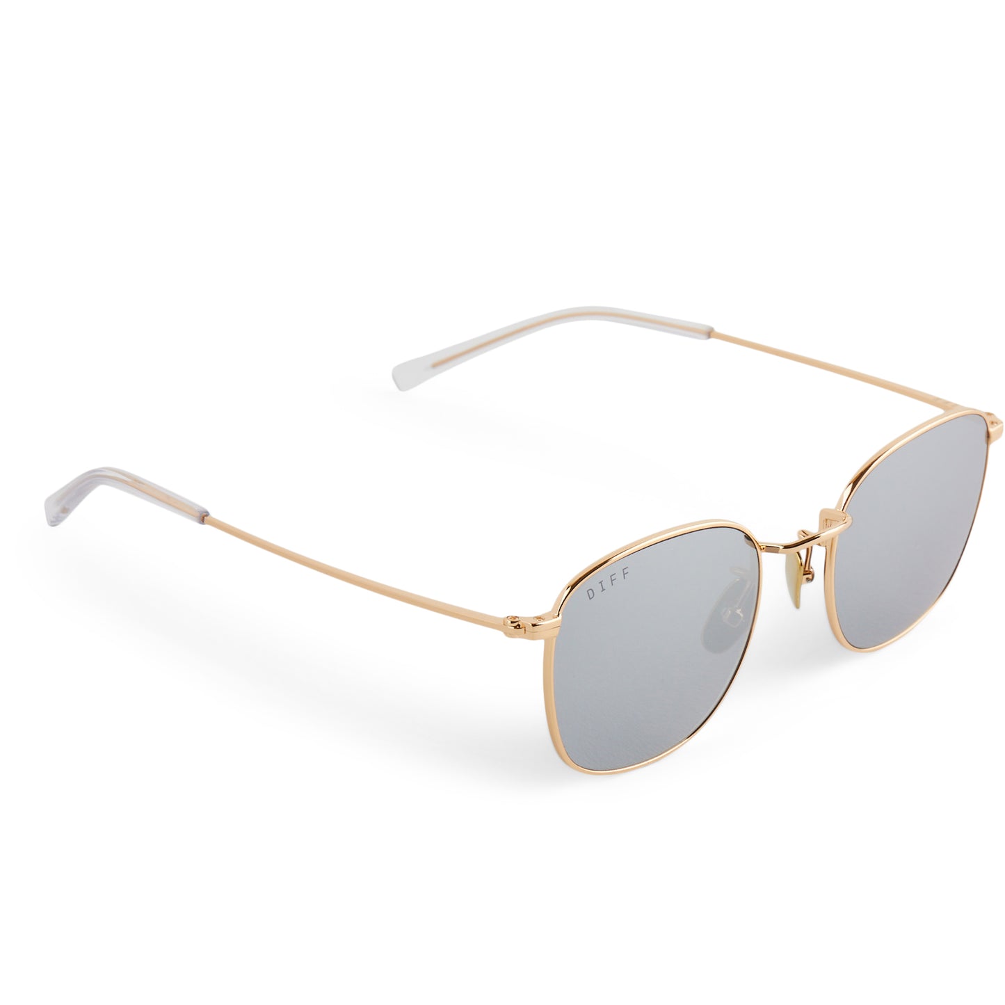 diff eyewear featuring the axel round sunglasses with a gold frame and silver mirror lenses detailed view