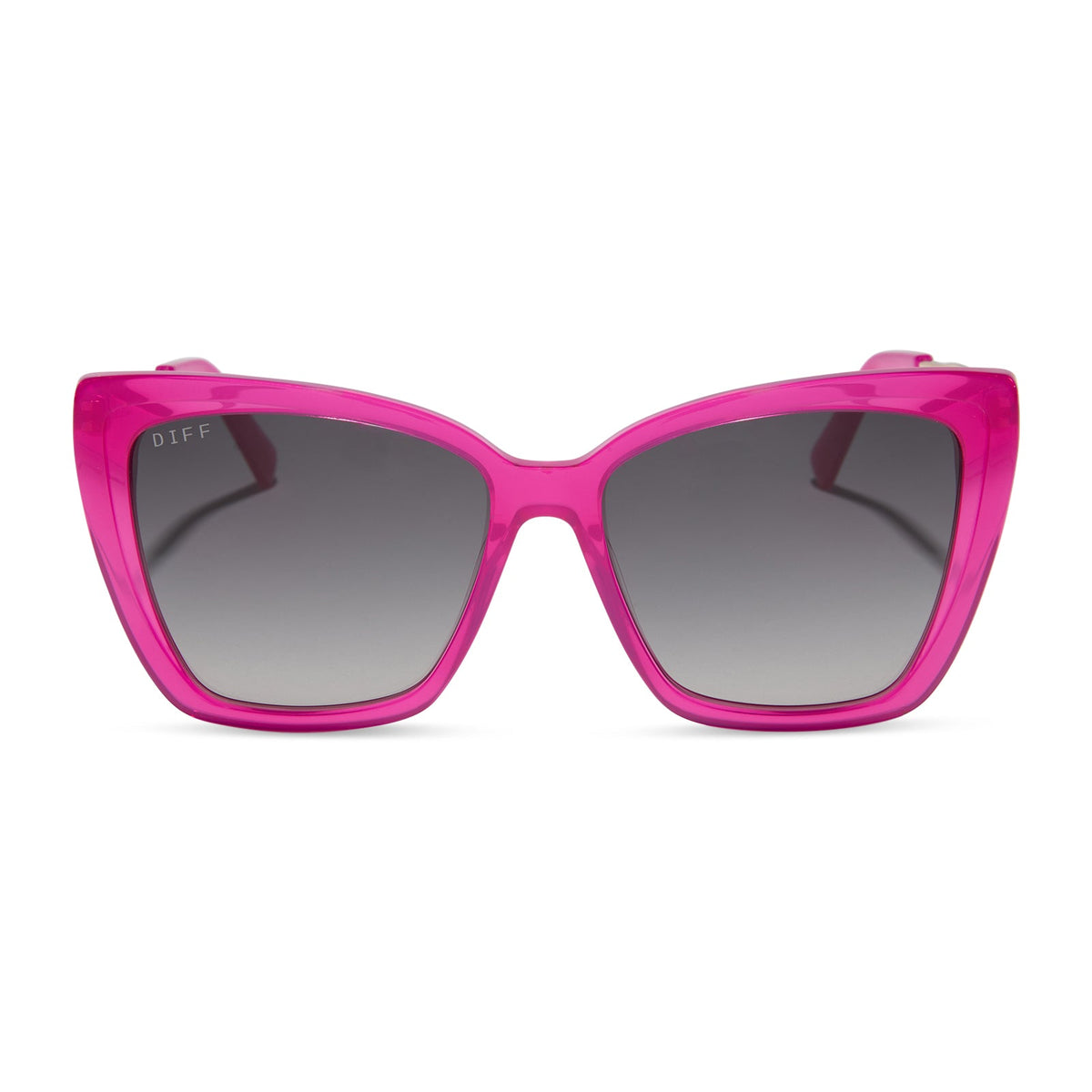 diff eyewear featuring the becky ii cat eye sunglasses with a bright pink tulip & gold frame and grey gradient polarized lenses front view