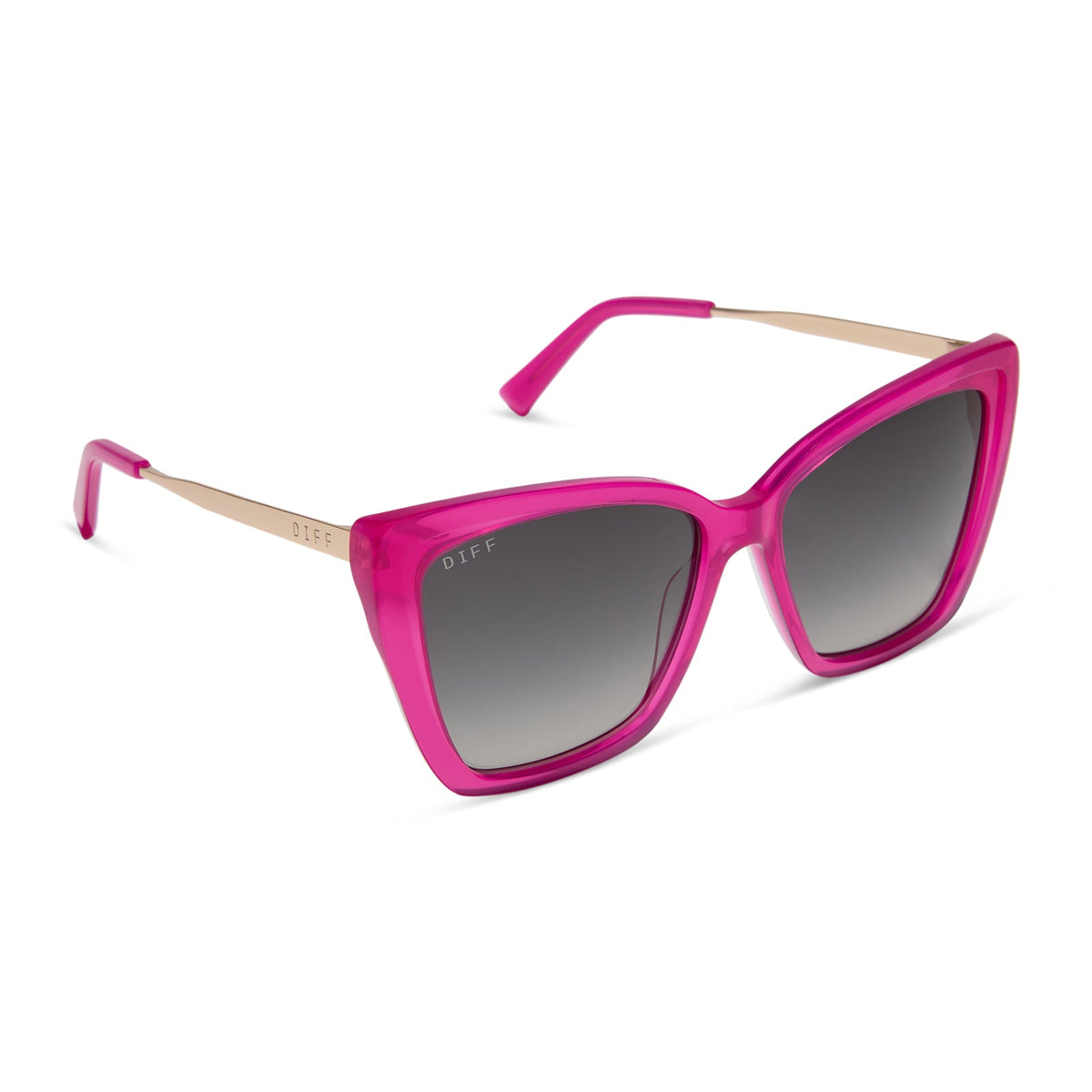 diff eyewear featuring the becky ii cat eye sunglasses with a bright pink tulip & gold frame and grey gradient polarized lenses angled view