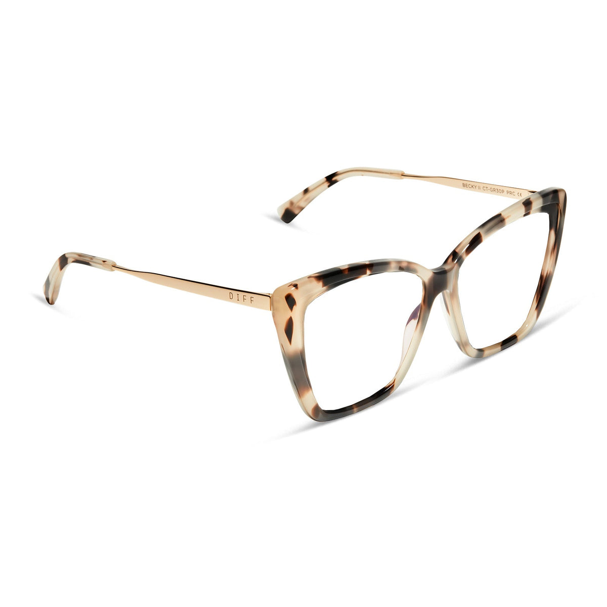 diff eyewear featuring the becky ii cat eye blue light technology glasses with a cream tortoise frame angled view