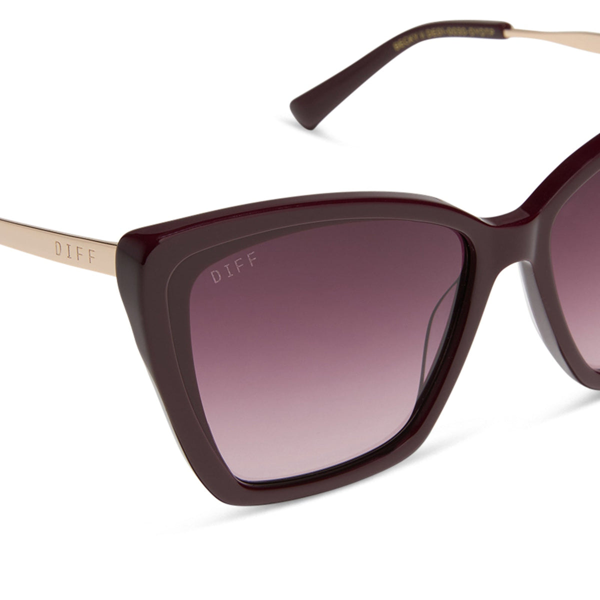 diff eyewear featuring the becky ii cateye sunglasses with a dark cherry lacquer frame and dark cherry gradient polarized lenses detailed view