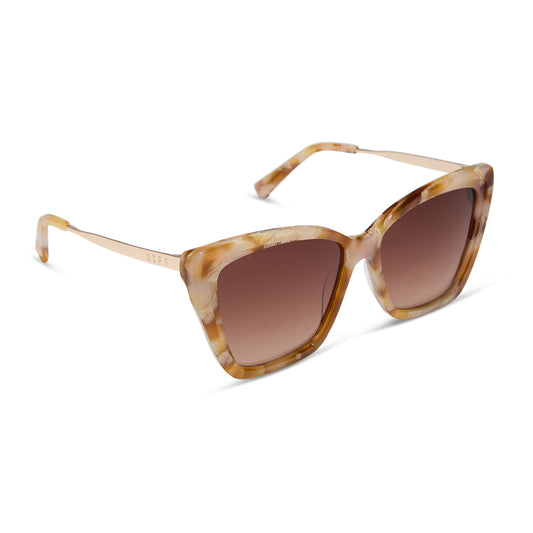 diff eyewear becky ii cat eye sunglasses with a gilded tortoise and gold metal frame with brown gradient lenses angled view