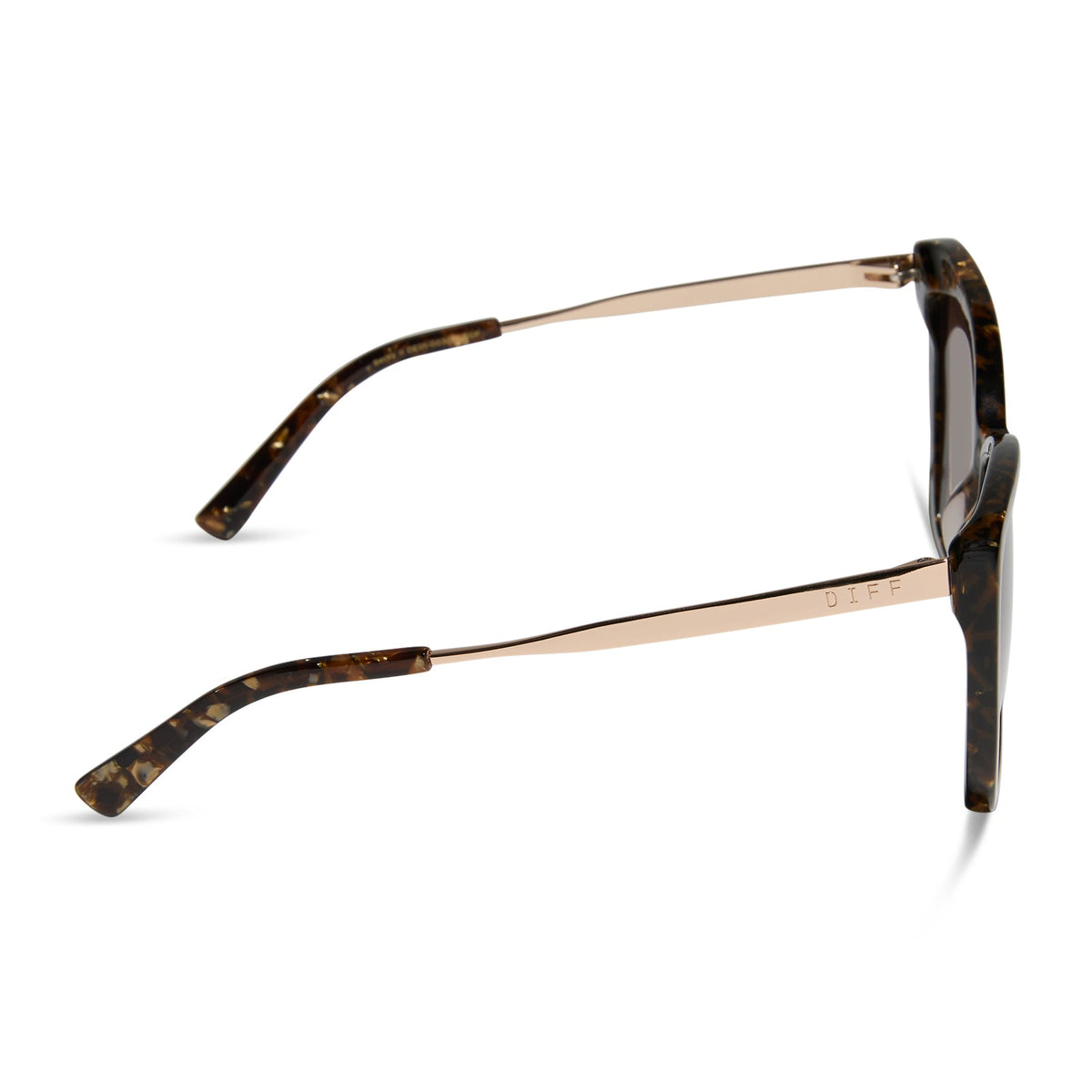 diff eyewear featuring the becky ii cateye sunglasses with a glitter tortoise frame and brown gradient lenses side view