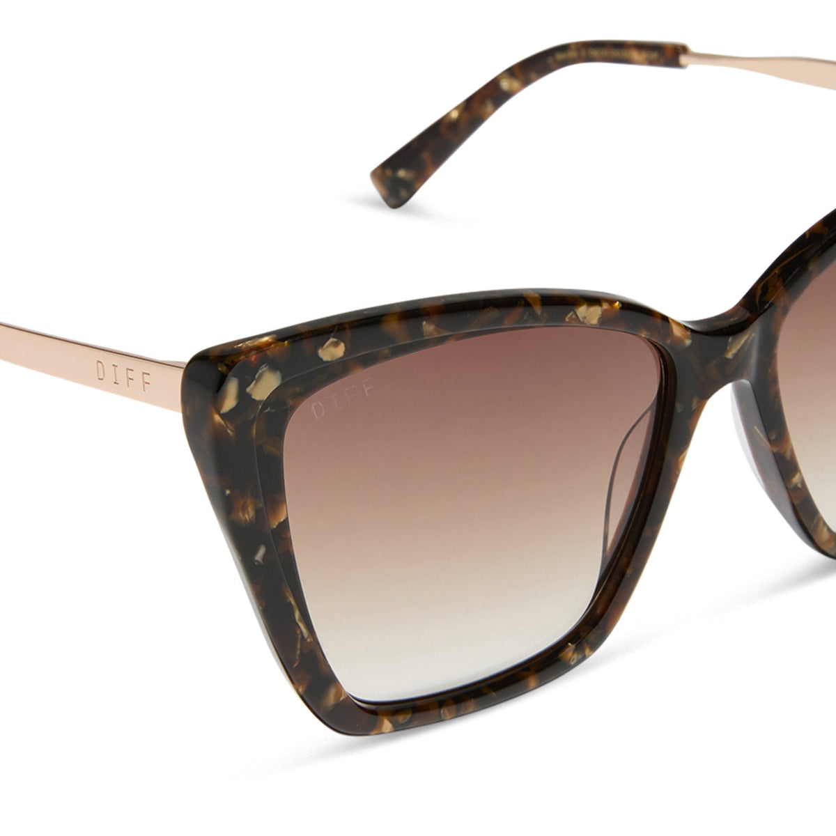 diff eyewear featuring the becky ii cateye sunglasses with a glitter tortoise frame and brown gradient lenses detailed view