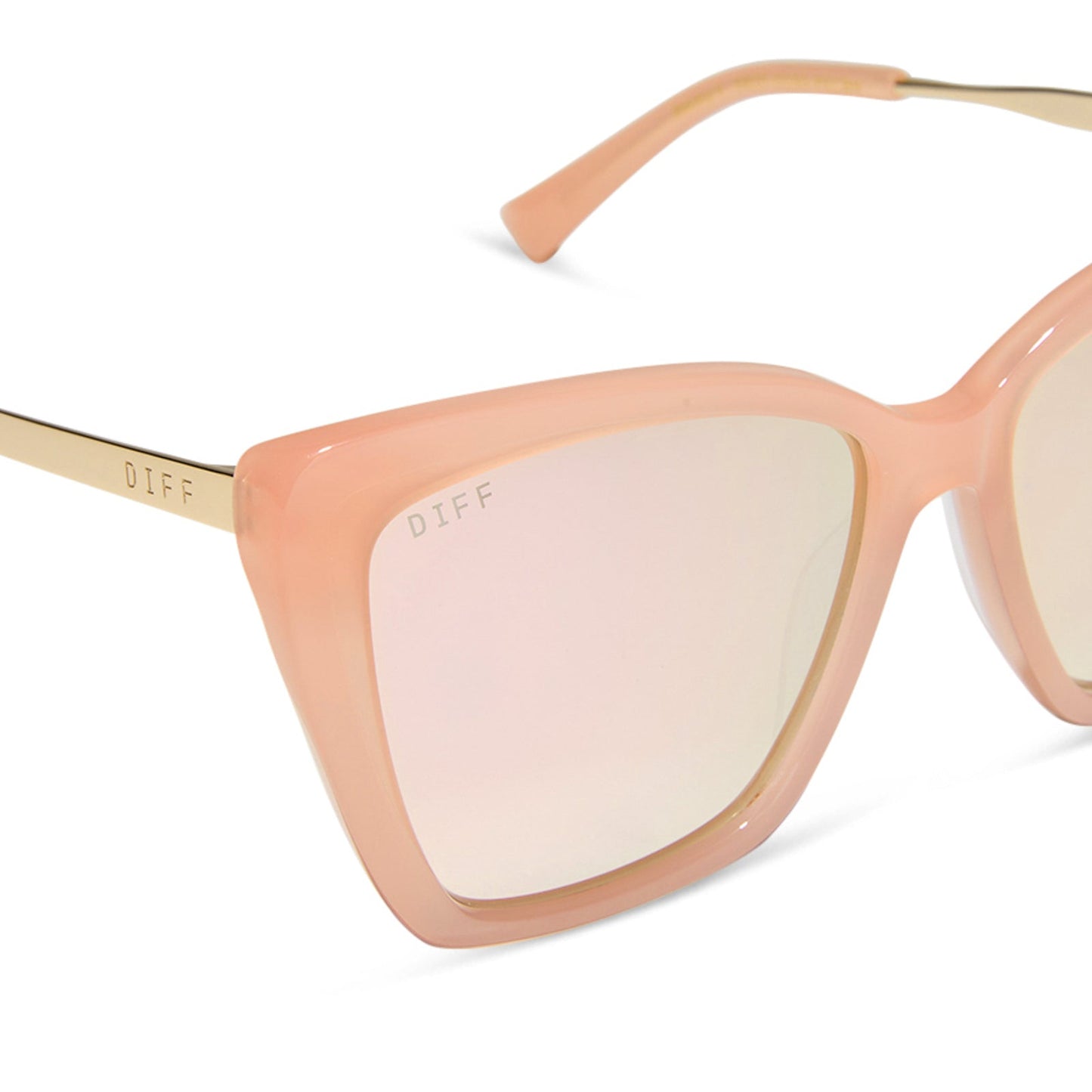 diff eyewear featuring the becky ii cat eye sunglasses with a peach frame and cherry blossom mirror lenses detailed view
