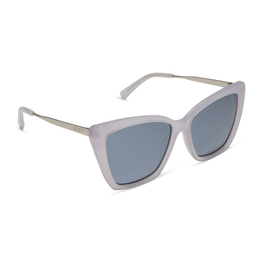 diff eyewear wholesale becky ii cat eye sunglasses with a thistle light purple frame and grey with silver flash lenses angled view