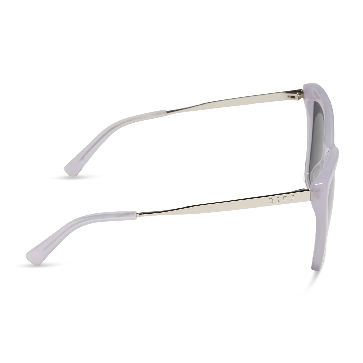 diff eyewear wholesale becky ii cat eye sunglasses with a thistle light purple frame and grey with silver flash lenses side view